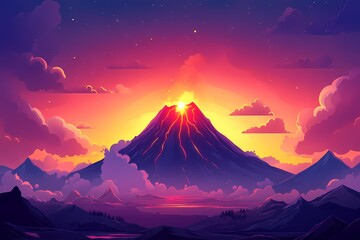 Majestic Volcano Eruption at Sunset. Scenic Fiery Landscape with Beautiful Vibrant Sky