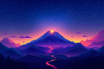 Tranquil Mountain Landscape at Dusk. Digital Art with Vibrant Starry Sky and Serene River