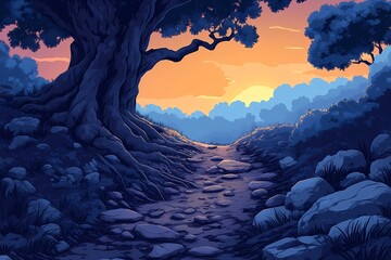 Enchanting Forest Sunset. Mystical Path Through Tranquil Wilderness and Vibrant Nature Illustration