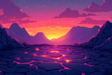 Colorful Sunset Over Rocky Mountains. Breathtaking Abstract Landscape Illustration