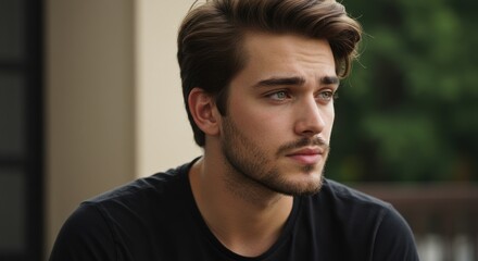 Fototapeta premium Close-up portrait of a young man with a serious expression and light stubble beard