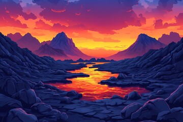 Vibrant Sunset Over Rocky Mountains. Dramatic Landscape with River and Lava Reflection in Serene Nature Illustration