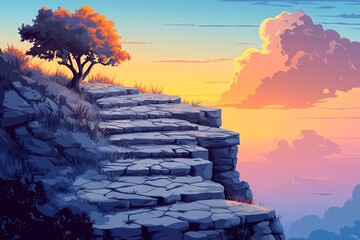 Serene Evening Light on a Rocky Path with Vibrant Sunset Sky - A Digital Art Masterpiece of Nature's Tranquility