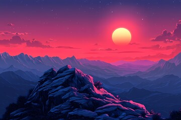 Sunset Glow Over Mountain Range. Vibrant and Peaceful Dreamy Visual Art Scenery
