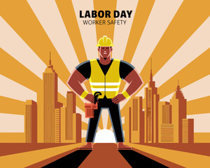 Fototapeta premium 2d vector colorful poster for labor day , work industry equipment , worker , safety . 