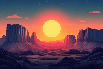 Desert Sunset Landscape Illustration. Vibrant and Serene Scenery with Rocky Monuments and a Starlit Sky