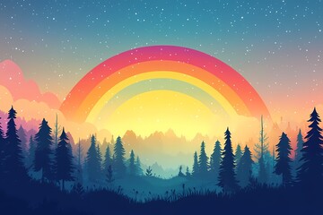 Vibrant Rainbow Colors Over Mountain Range at Sunset. A Creative Digital Art Landscape