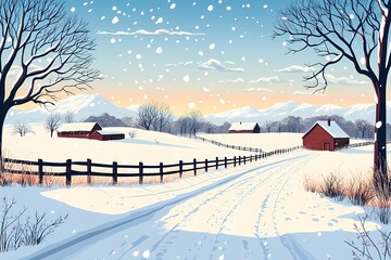 Idyllic Winter Landscape with Snow-Covered Farmhouse, Frost-Covered Trees, and a Colorful Sunset Sky