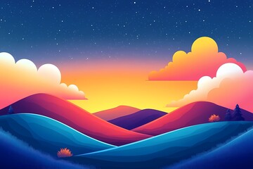 Tranquil Sunset Illustration. Vector Art of Serene, Layered Hills & Whimsical Evening Sky