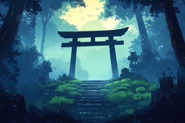 Mystical Torii Gate Amidst Forest Steps. Explore Japan's Tranquil Blue-Toned Landscape