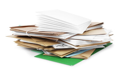 Stack of different paper envelopes on white background. Post office