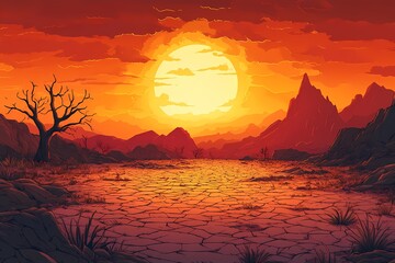 Vibrant Twilight in an Arid landscape. Colorful Sunset over Barren Desert Mountains with Dramatic Orange Sky
