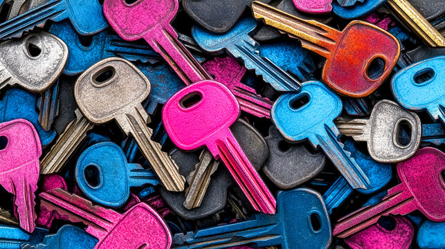 Colorful metallic keys piled up creating a security background