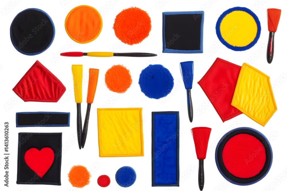 Poster abstract composition of geometric shapes with varied colors isolated on black background