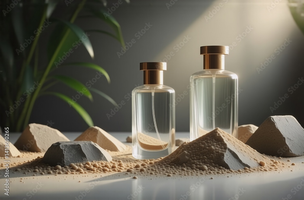 Aufkleber two clear glass perfume bottles with gold caps sit on a sandy surface adorned with light gray stones