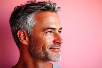 Idea of style for aging men. Pink solid background. A confident man in a professional studio photo. Elegant men's shoulder-length taper haircut - midlife white man with hair.