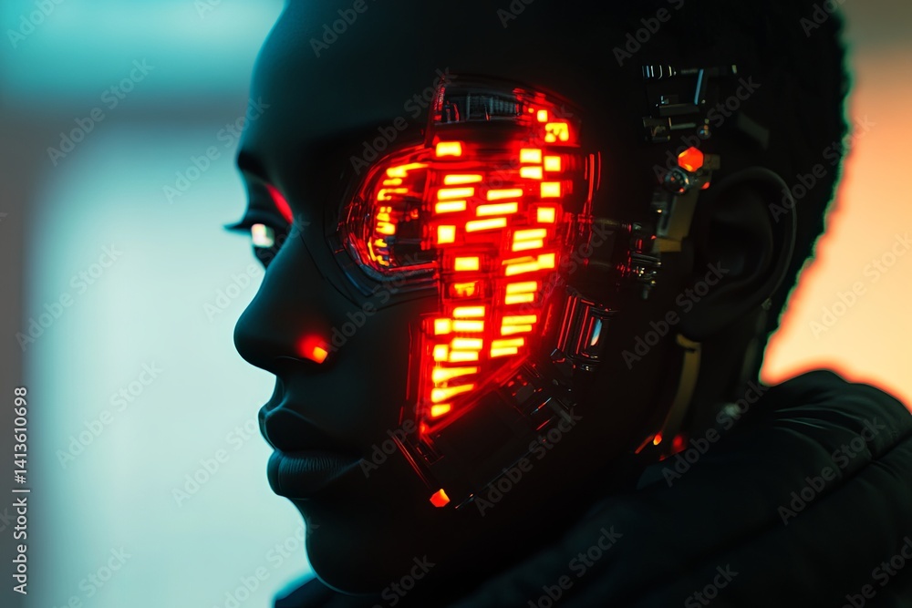 Poster futuristic robot with glowing circuitry standing in a dimly lit room during twilight