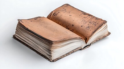 An old, weathered book lies open, pages aged and worn, on a white surface