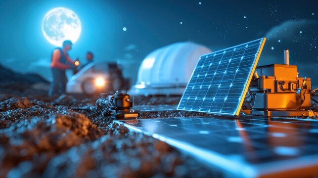 Exploring lunar colonization astronauts setting up solar panels on the moon space habitat scientific investigation nighttime futuristic concept