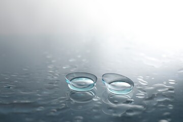Pair of contact lenses and water drops on light grey mirror surface, closeup
