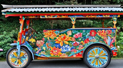 Naklejka premium Colorful hand-painted vehicle decorated with vibrant floral patterns