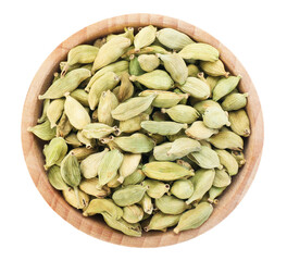 Dry cardamon seeds in bowl isolated on white, top view