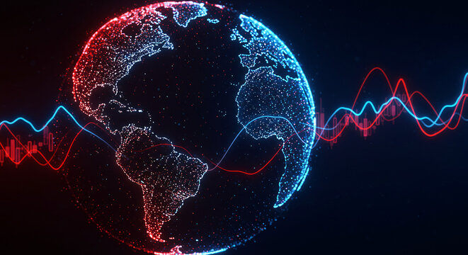 Glowing blue heartbeat connecting global technology and science