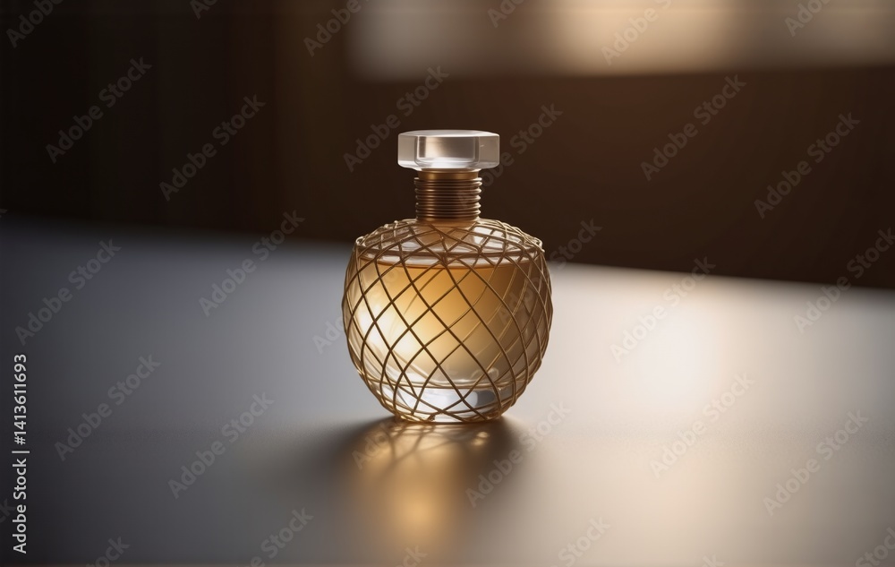 Poster A golden perfume bottle with a delicate, lattice-like design sits on a dark surface, illuminated by warm light.  The elegant fragrance container casts a subtle reflection.