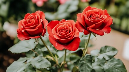 Three vibrant red roses in a garden setting