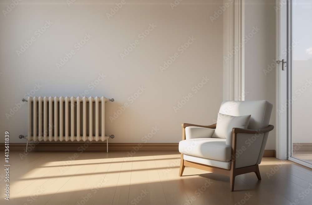 Poster sunlight streams into a minimalist room, illuminating a single armchair and a vintage radiator again