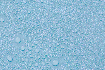 Many water drops on light blue background