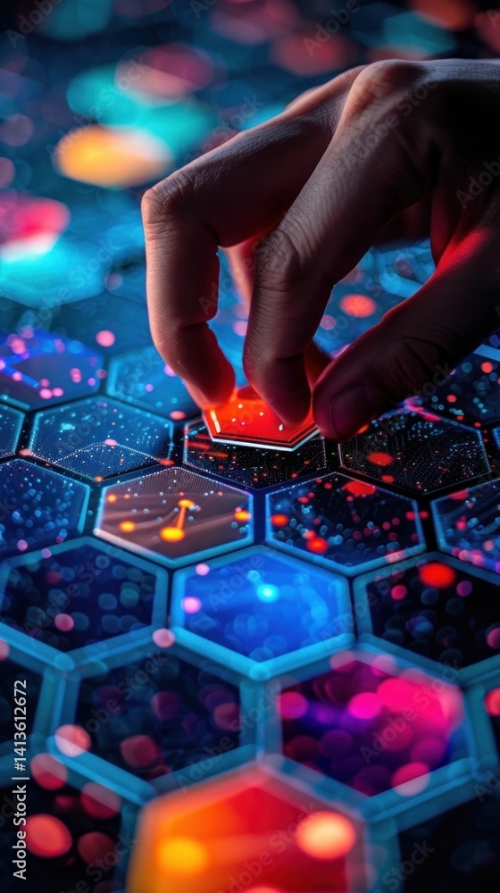 Poster hand interacting with glowing hexagonal interface, data visualization background