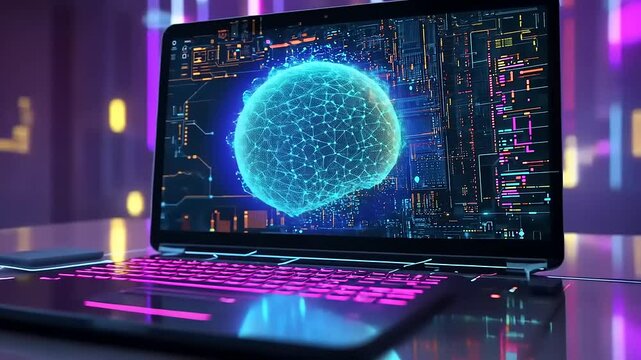 Futuristic laptop displaying a digital brain with vibrant circuits in a tech-inspired workspace