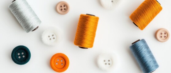 Colorful sewing threads and buttons scattered on a light surface, showcasing a creative crafting setup.