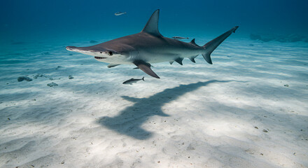 Fototapeta premium A hammerhead shark cruising in shallow reef waters, casting a distinct shadow on the sandy bottom 35mm film