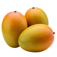 Three ripe mangoes, a burst of sunshine yellow and blushing orange hues, promising a sweet and juicy tropical escape, vibrant and ready to be enjoyed.
