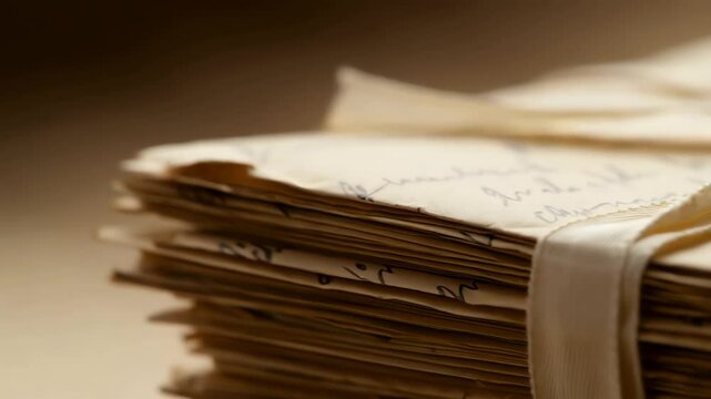 Close-up of a stack of aged, handwritten letters tied together with a soft cream-colored ribbon, suggesting vintage correspondence, memories, or historical documents in warm, gentle light