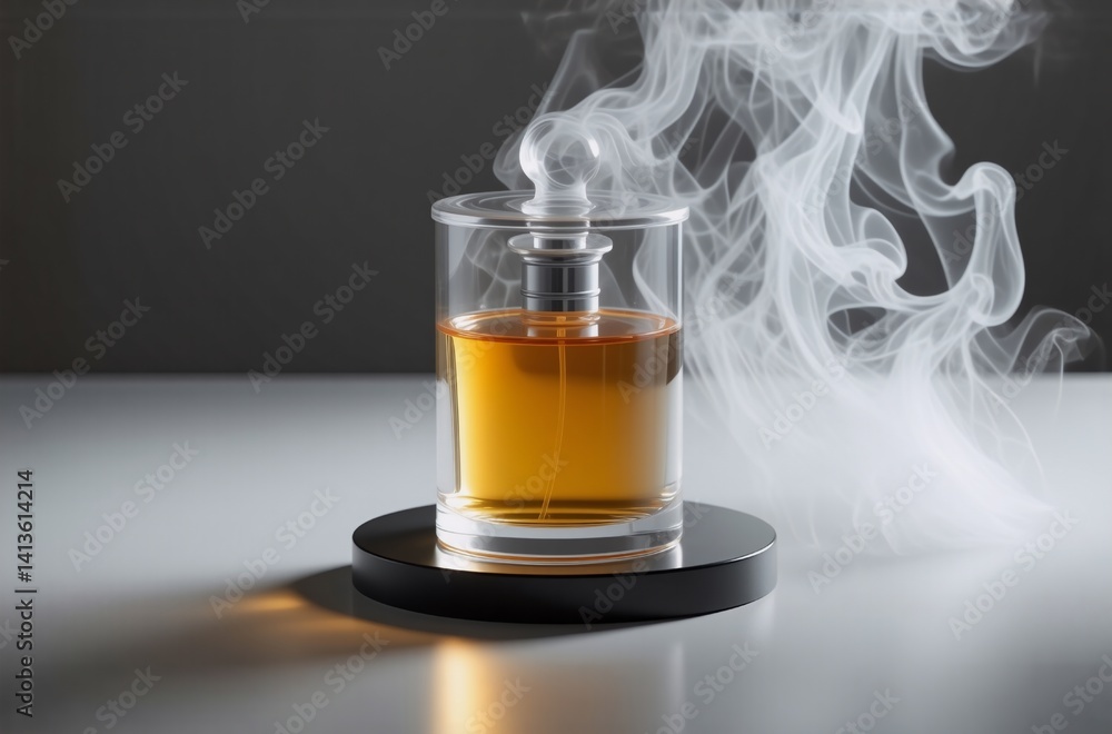 Poster a cylindrical glass vessel containing amber liquid sits on a dark circular base. white smoke subtly 