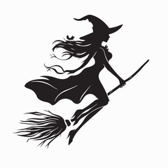 Silhouette witch flying on broomstick image vector isolated on white background.