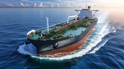 Crude Oil Tanker Underway in Open Sea Against Scenic Background
