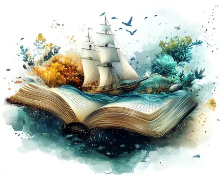 Artistic illustration of an open book with a sailing ship and sea life, representing the magical world of adventure and the endless possibilities within books