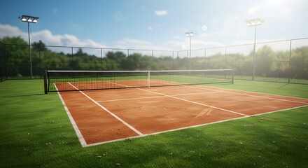 Outdoor Clay Tennis Court with Net and Lighting