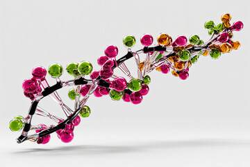 3D protein molecule visualization featuring alpha helix structure with multicolored amino acid representation
