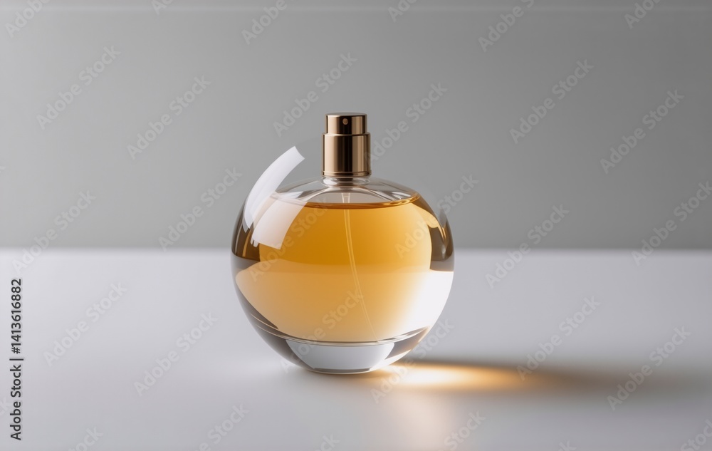 Poster a spherical glass perfume bottle with a gold cap sits on a white surface, illuminated by a soft ligh