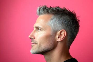 Obraz premium An expressive and modern man in a studio setting. Fashionable men's side part haircut - midlife white man with grey hair. Visual idea of style for aging men. Pink solid background.