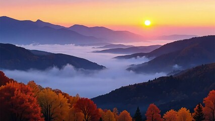 Sunrise over misty mountains with fall foliage; perfect for naturethemed designs, travel brochures, inspirational quotes, and autumnthemed backgrounds