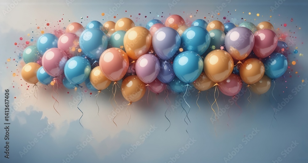 Poster a festive cluster of colorful, glossy balloons floats against a dreamy, cloud-filled backdrop with c