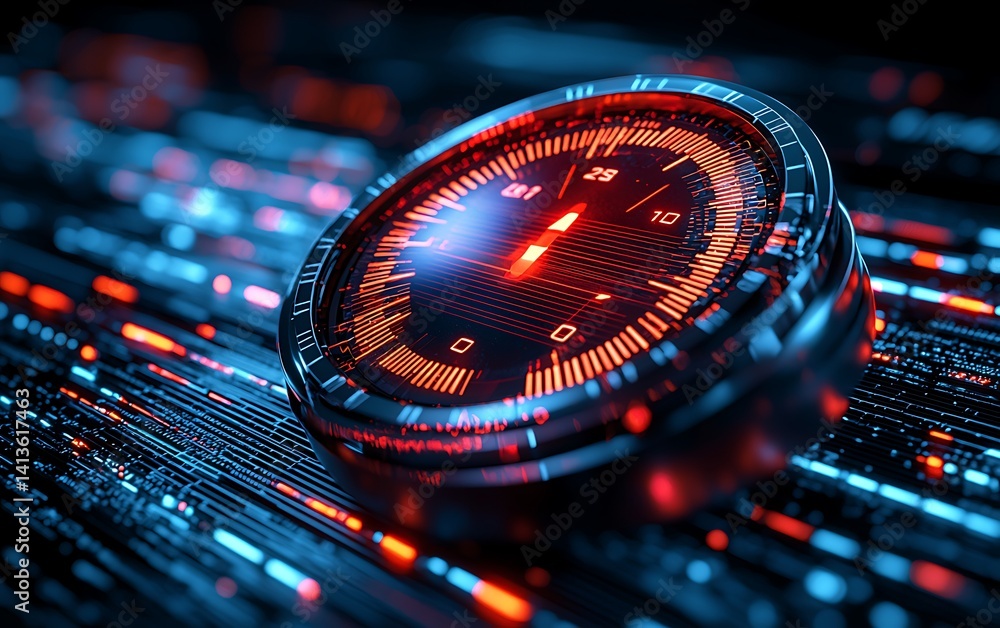 Poster futuristic digital speedometer on a data stream