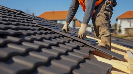 Roofing worker installing tiles on a house rooftop. Featuring roofing work and construction tasks