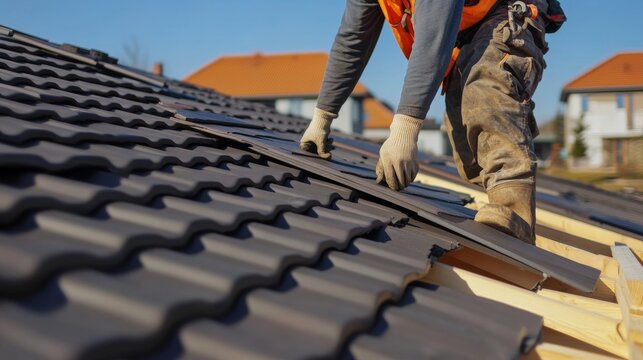 Roofing worker installing tiles on a house rooftop. Featuring roofing work and construction tasks